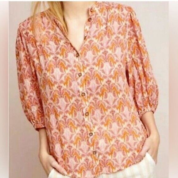 Anthropologie Maeve Top Size 2 Orange Pink Tiger Print Button Up 3/4 Sleeve Boho - Picture 1 of 10